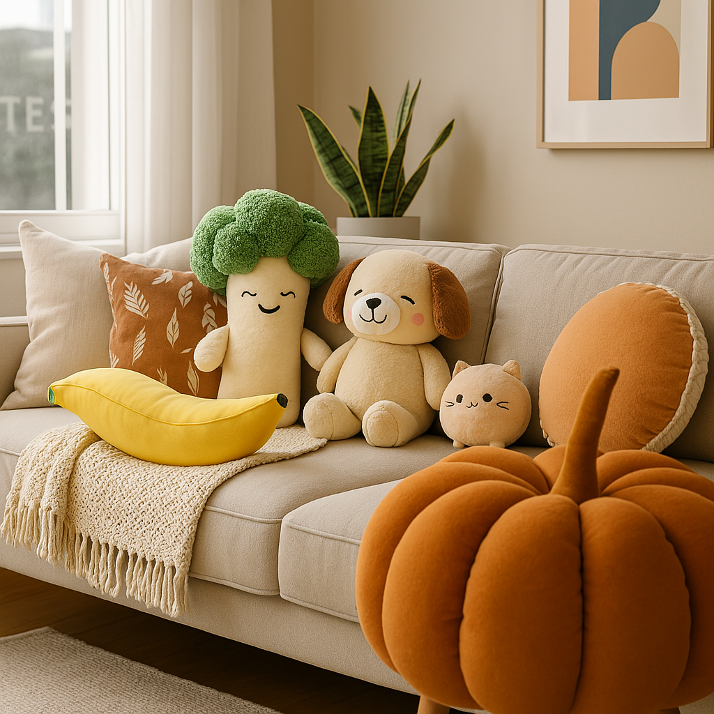 A cozy, sunlit living room featuring a plush banana chair and playful food-themed soft toys, blending whimsical charm with modern lifestyle decor.
