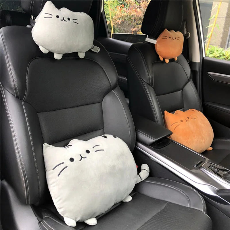 Cute Cat Car Headrest – Cartoon Plush Neck Cushion & Safety Pillow