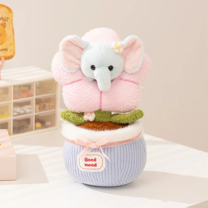 Kawaii Animal-Faced Potted Plant Plushies – Cat, Bear & Elephant, 12" | 30 cm