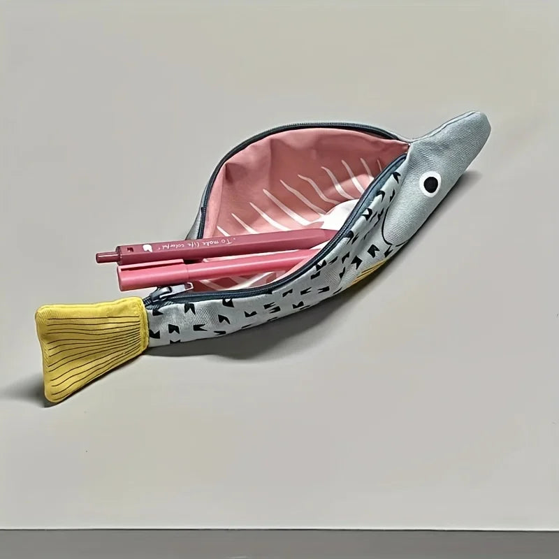 Fish-Shaped Novelty Pencil Case – Plush Fishbone Pen Bag