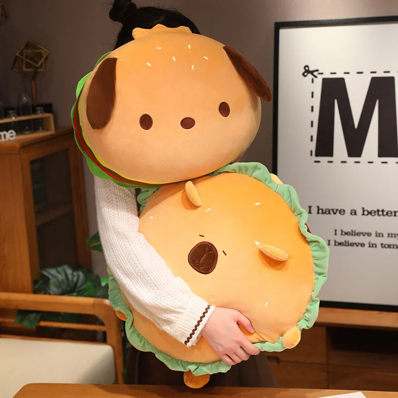 Capybara Hamburger Plush Pillow – Cute Food Stuffed Round Cushion