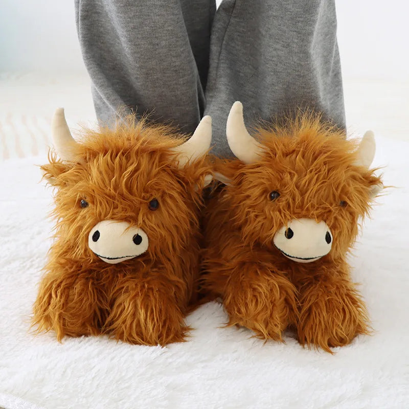 Fluffy Highland Cow Plush Slippers | Warm Indoor Animal Slides for Women & Men
