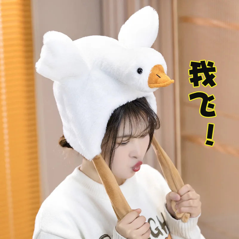 Bouncy Animal Ear Plush Hat | Moving Goose & Bunny Headwear