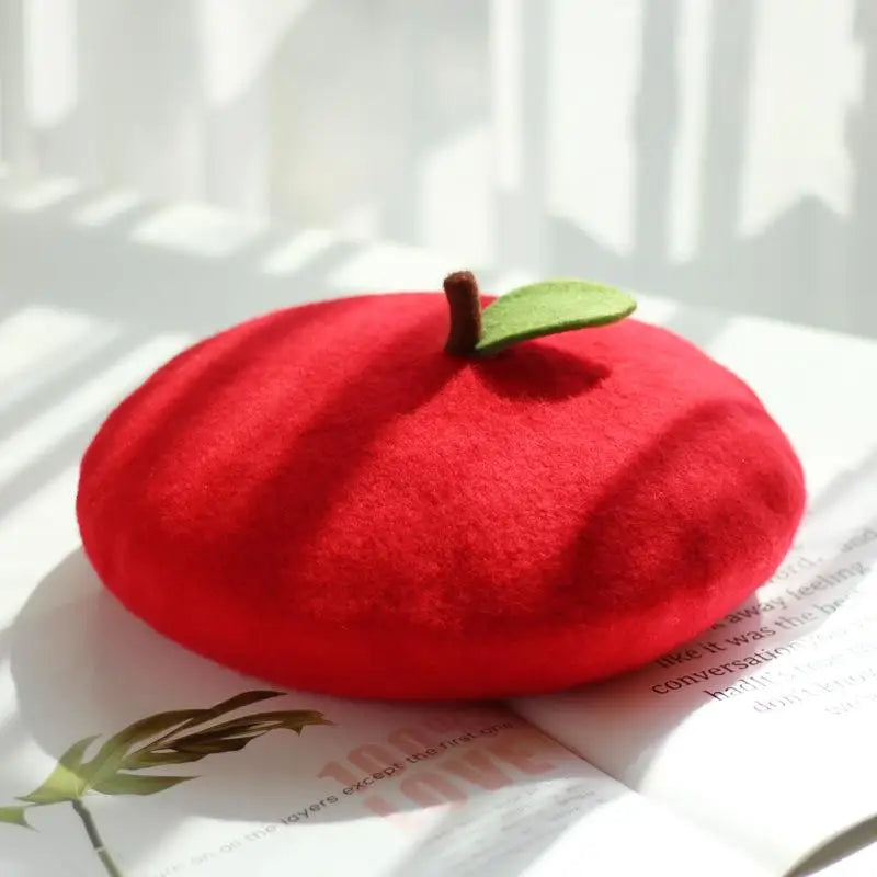 Fruit-Themed Plush Painter Beret – Cute Handmade Wool Felt Hat