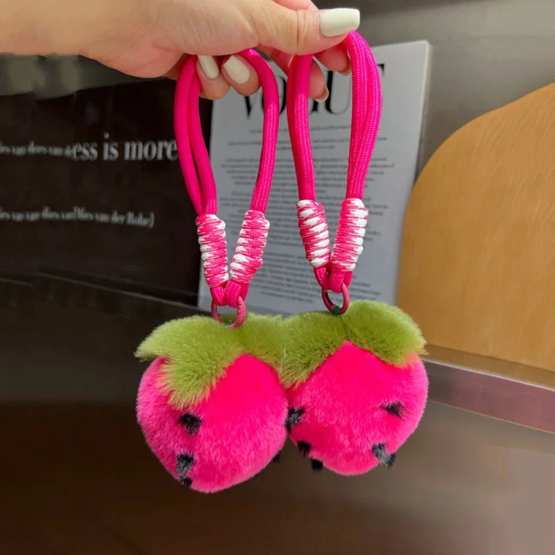 Kawaii Strawberry Plush Fur Keychain – 5 Colors, 3.5" | 9 cm