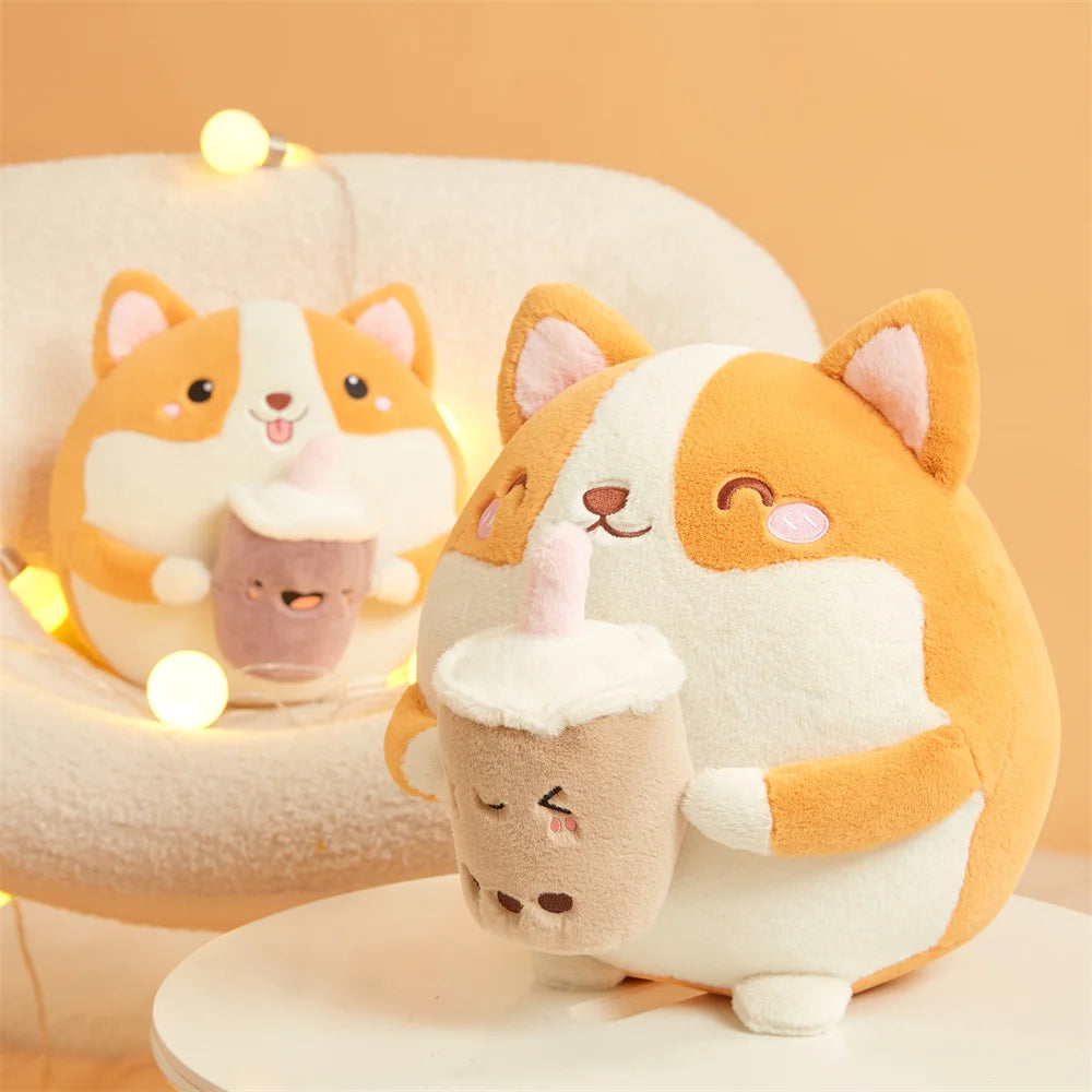 Plüsch Corgi Trinkt Bubble Tea, 12" | 30 cm