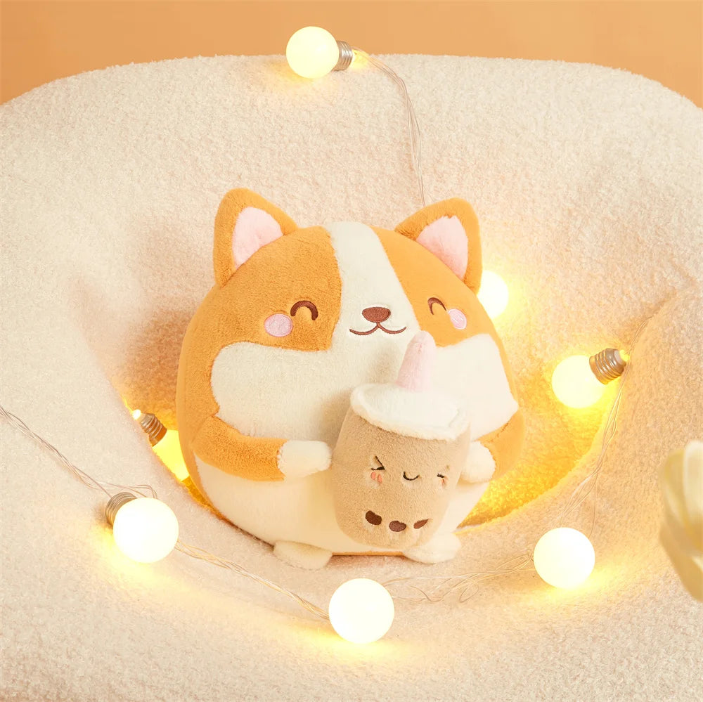Corgi di peluche che beve tè con le bolle, 12" | 30 centimetri
