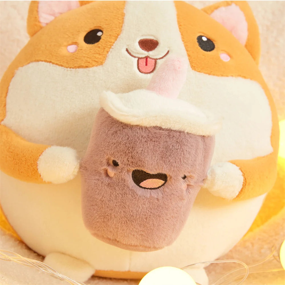 Corgi di peluche che beve tè con le bolle, 12" | 30 centimetri