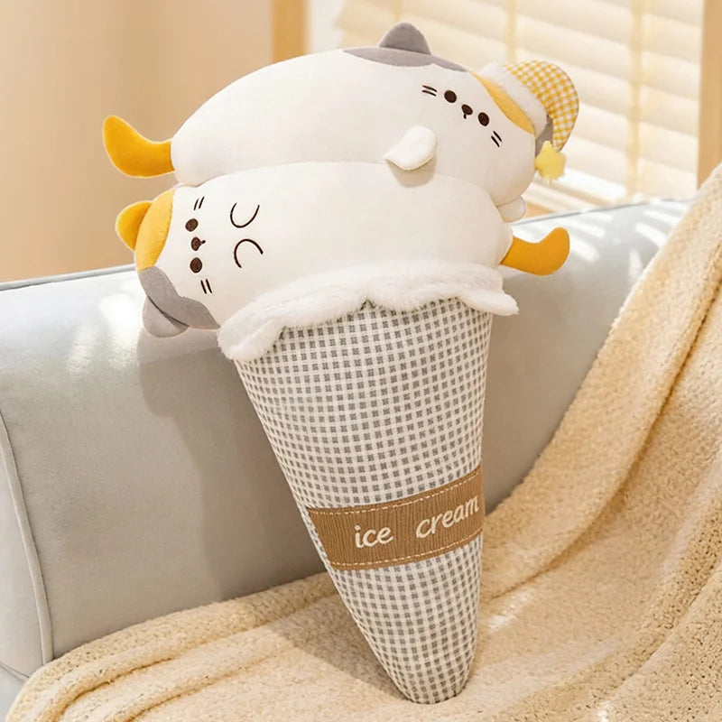 Ice Cream Cat & Seal Plush Pillow – Cool Fabric, 29-35" | 75-90 cm