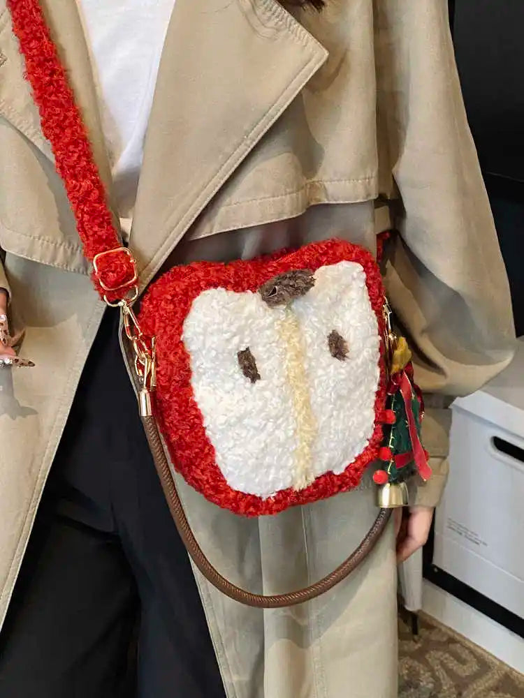 Red Apple Plush Shoulder Crossbody Bag – Furry Winter Clutch