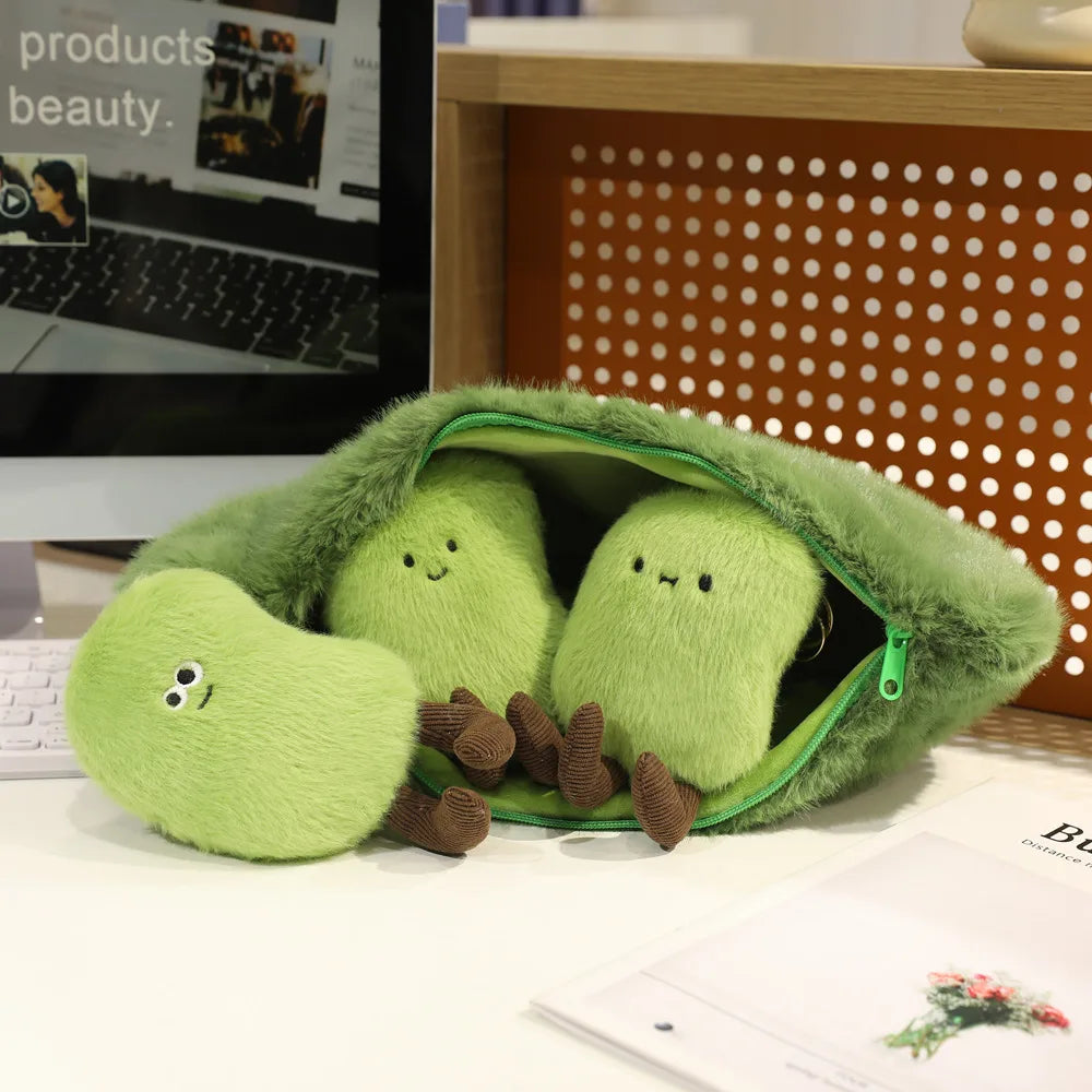Green Soybean Pod Plushie Set – Pod & 3 Mini Beans, 5-16" | 14-40 cm
