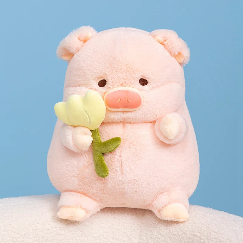 Flower-Holding Pig Plushie, Two Colors, 8-12" | 20-30 cm
