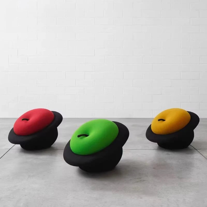 Black Hat & Apple Ottoman | plush furniture | side view