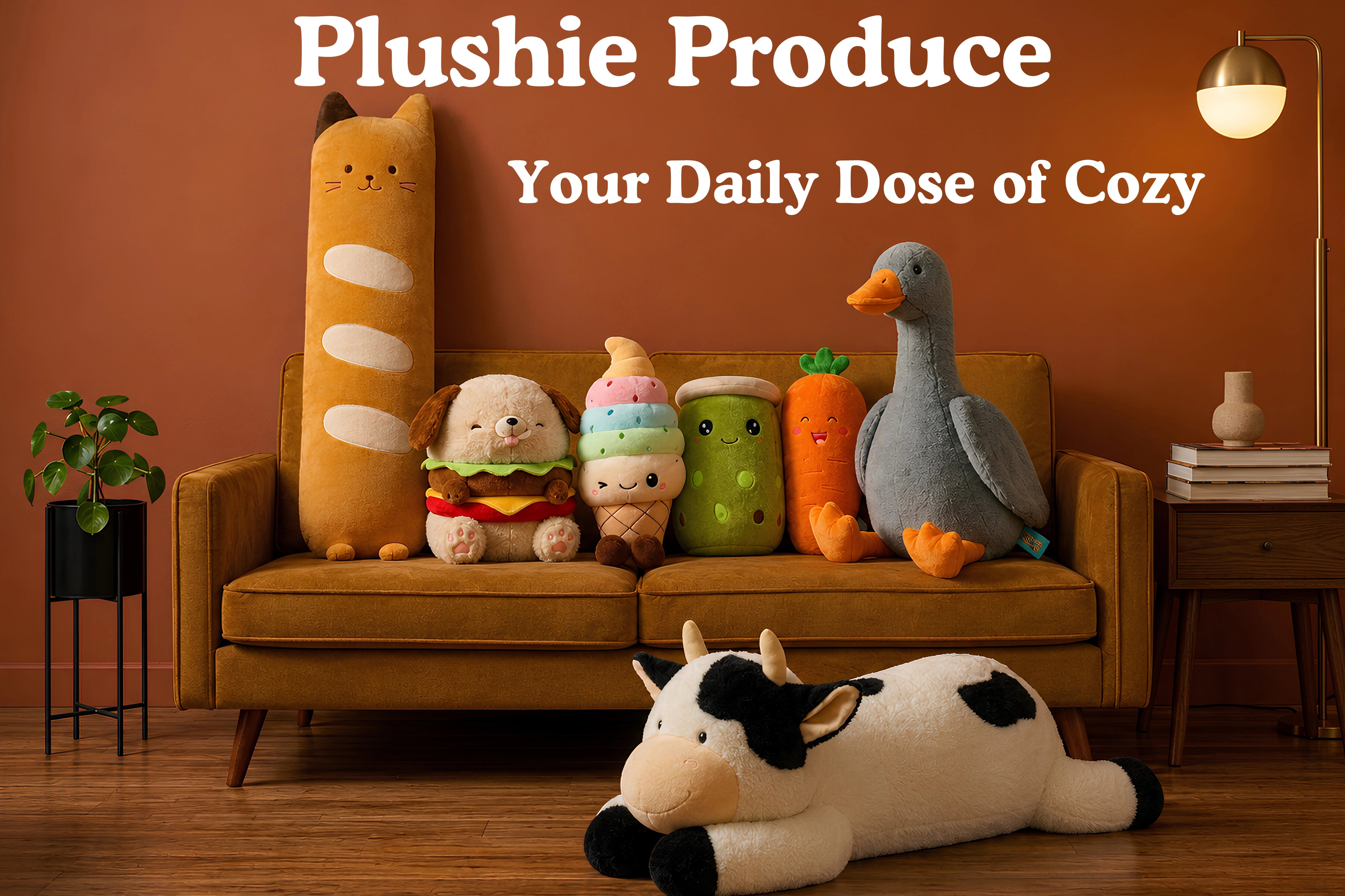 Plush toys on a couch with 'Plushie Produce' text in a cozy room setting.