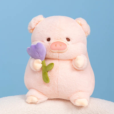 Flower-Holding Pig Plushie, Two Colors, 8-12" | 20-30 cm