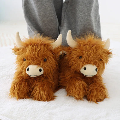 Fluffy Highland Cow Plush Slippers | Warm Indoor Animal Slides for Women & Men