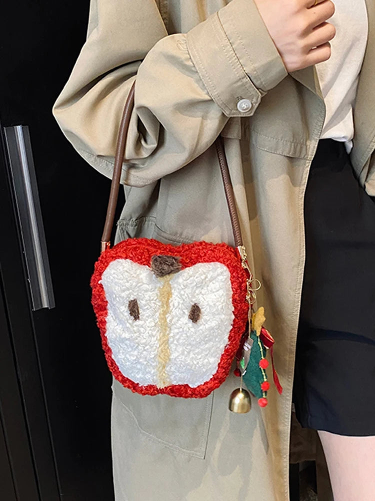 Red Apple Plush Shoulder Crossbody Bag – Furry Winter Clutch
