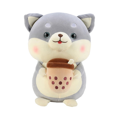 Plushie Shiba Inu buvant du bubble tea, 2 styles, 8" | 20 cm