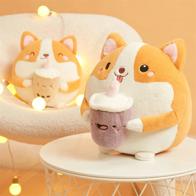 Corgi di peluche che beve tè con le bolle, 12" | 30 centimetri