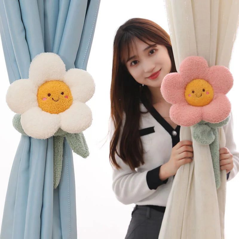 Plush Flower Curtain Tie Back – Long Stem Room Decor, 39" | 100 cm