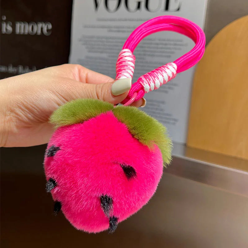 Kawaii Strawberry Plush Fur Keychain – 5 Colors, 3.5" | 9 cm
