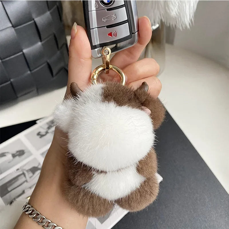 Cow Real Mink Fur Keychain Bag Charm – Plush Animal Pendant