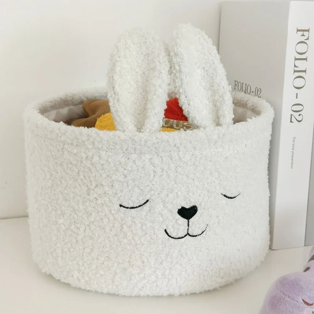 Rabbit Ears Plush Storage Basket | Cute Embroidered Toy Organizer