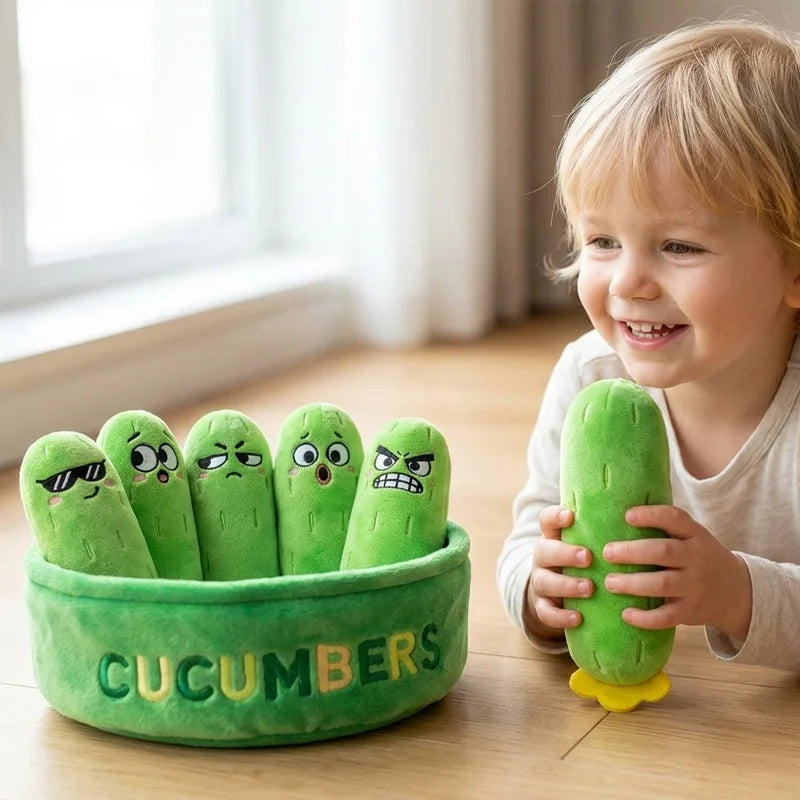 Basket of Emotional Cucumbers Plush Set – 7 Expressions, Mini Size