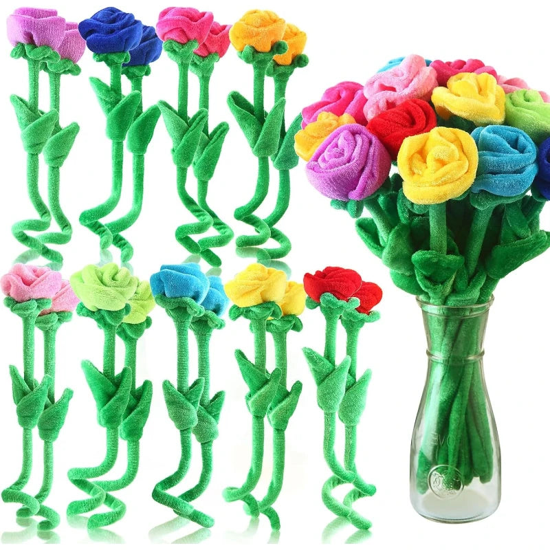 Stemmed Rose Plushies, Six Pieces Mixed Colors, 13" | 32 cm