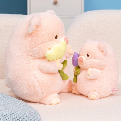 Flower-Holding Pig Plushie, Two Colors, 8-12" | 20-30 cm