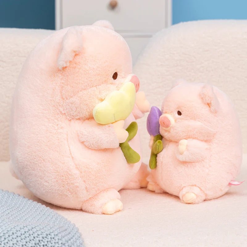 Flower-Holding Pig Plushie, Two Colors, 8-12" | 20-30 cm