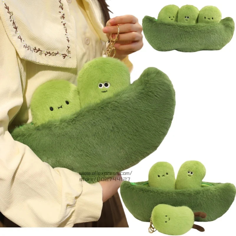 Green Soybean Pod Plushie Set – Pod & 3 Mini Beans, 5-16" | 14-40 cm