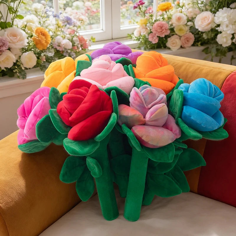 Plush Rose Flower Bouquet | Soft Stuffed Flower Gift Decor, 38cm