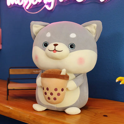 Plushie Shiba Inu buvant du bubble tea, 2 styles, 8" | 20 cm