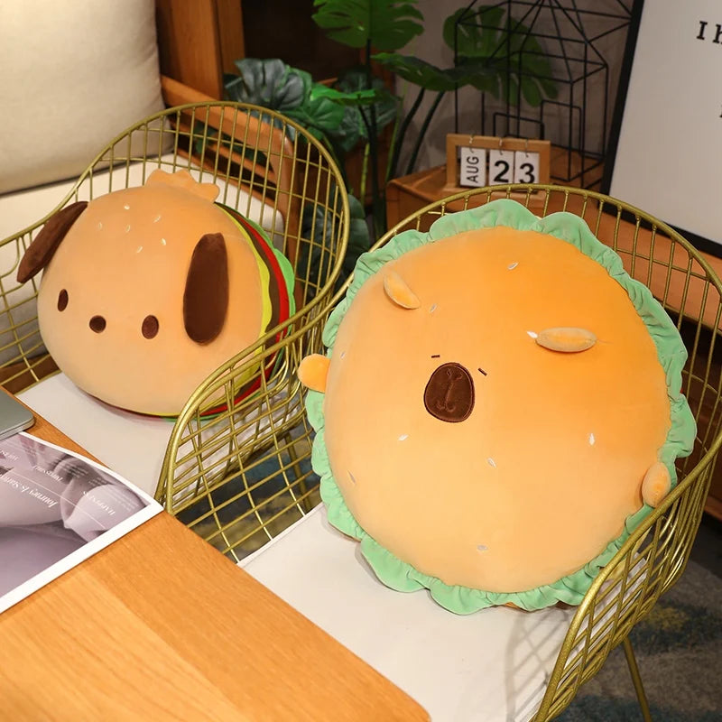 Capybara Hamburger Plush Pillow – Cute Food Stuffed Round Cushion