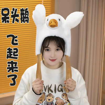 Bouncy Animal Ear Plush Hat | Moving Goose & Bunny Headwear