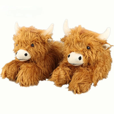 Fluffy Highland Cow Plush Slippers | Warm Indoor Animal Slides for Women & Men