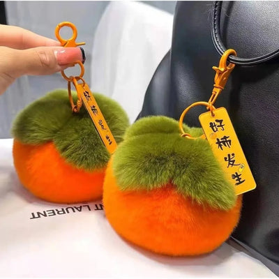 Mini Persimmon Rabbit Fur Keychain – Plush Soft Doll Key Ring