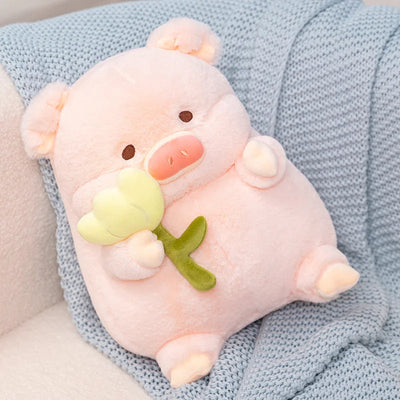 Flower-Holding Pig Plushie, Two Colors, 8-12" | 20-30 cm