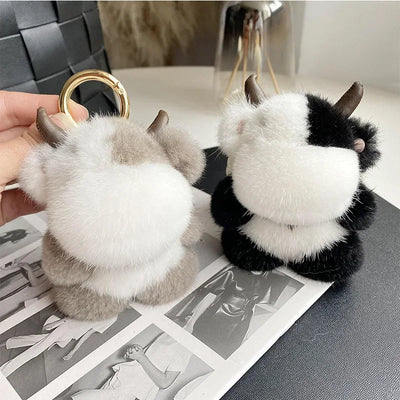 Cow Real Mink Fur Keychain Bag Charm – Plush Animal Pendant