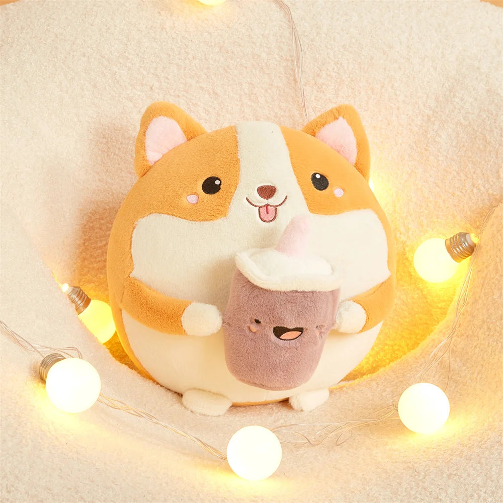 Corgi di peluche che beve tè con le bolle, 12" | 30 centimetri