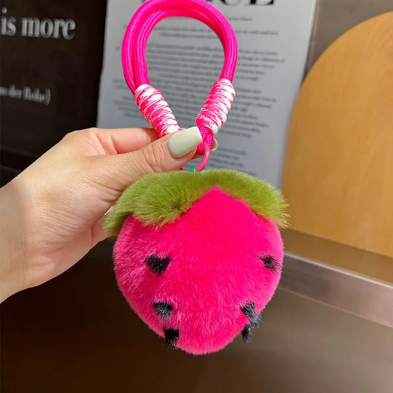 Kawaii Strawberry Plush Fur Keychain – 5 Colors, 3.5" | 9 cm