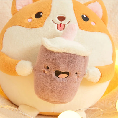 Corgi di peluche che beve tè con le bolle, 12" | 30 centimetri