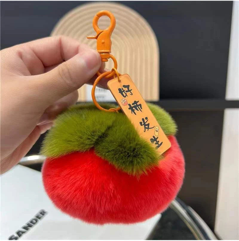 Mini Persimmon Rex Rabbit Fur Keychain – Cute Bag Pendant