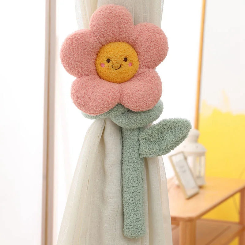 Plush Flower Curtain Tie Back – Long Stem Room Decor, 39" | 100 cm