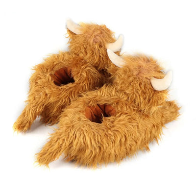 Fluffy Highland Cow Plush Slippers | Warm Indoor Animal Slides for Women & Men