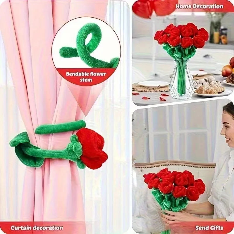 Stemmed Rose Plushies, Six Pieces Mixed Colors, 13" | 32 cm