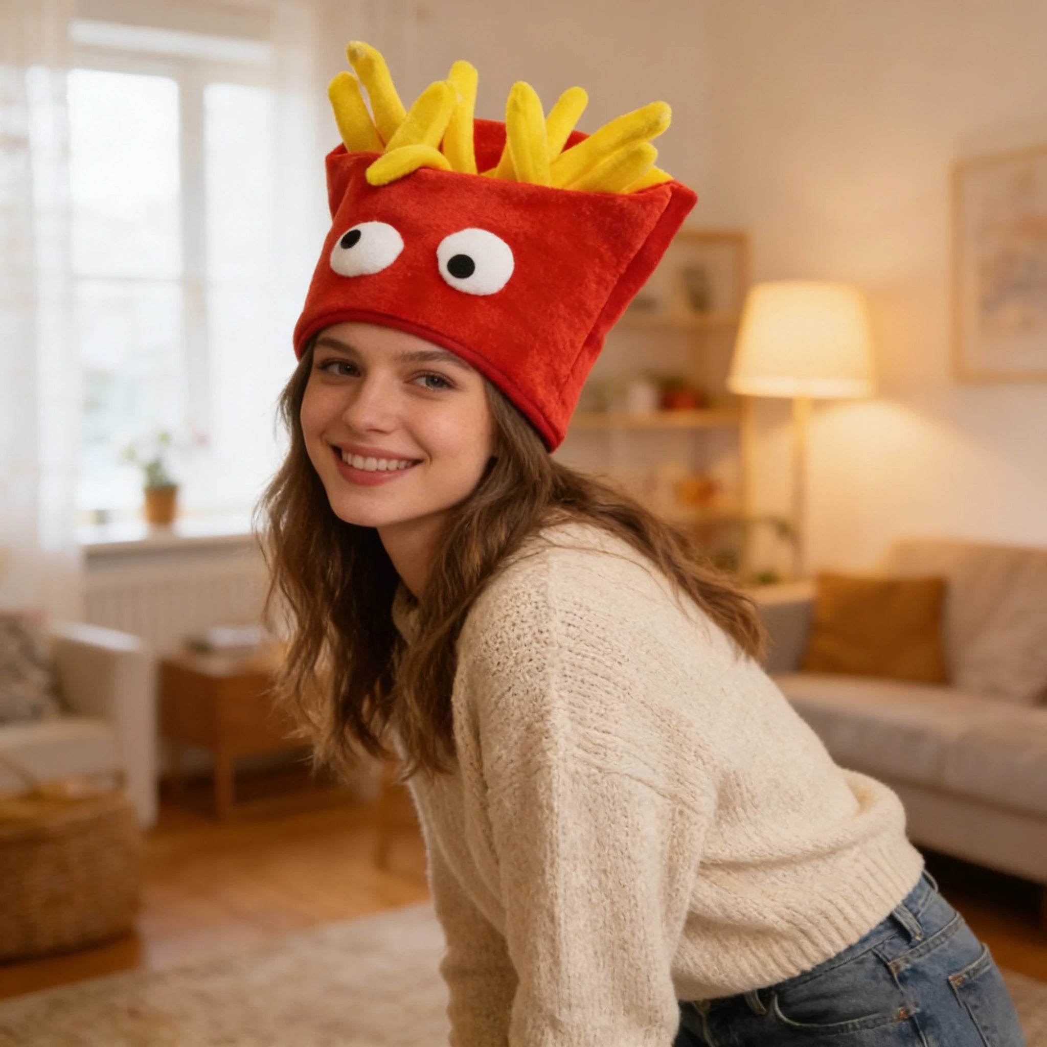 French Fries Plush Hat | Googly-Eyed Novelty Food Headwear