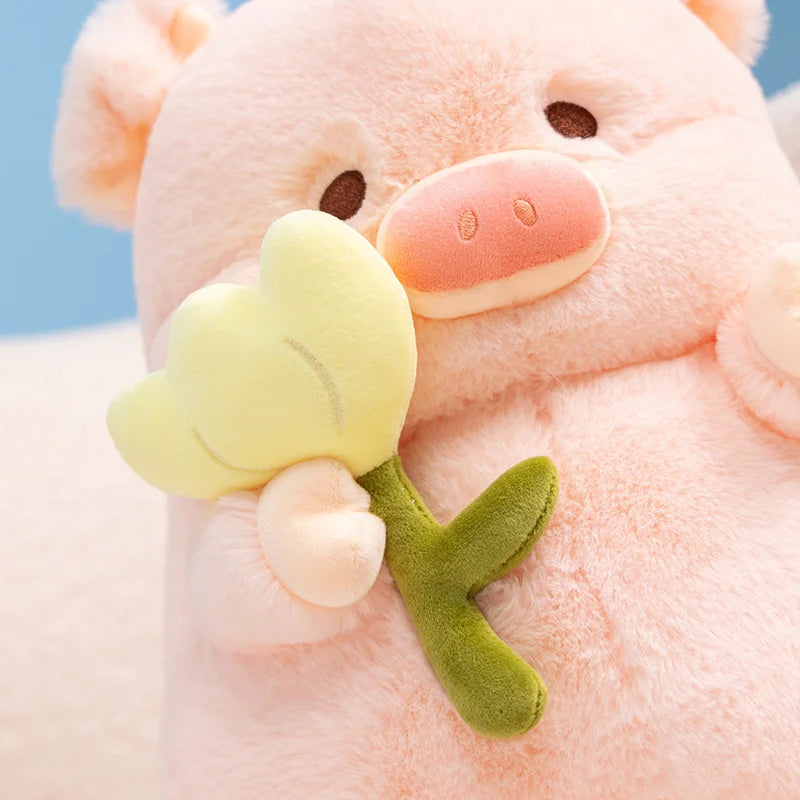Flower-Holding Pig Plushie, Two Colors, 8-12" | 20-30 cm
