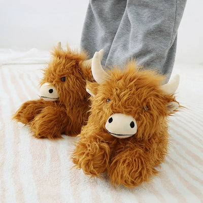 Fluffy Highland Cow Plush Slippers | Warm Indoor Animal Slides for Women & Men